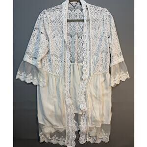 BKE Boutique Womens Sz Large Ivory Crochet Lace Kimono Duster Sheer Cardigan